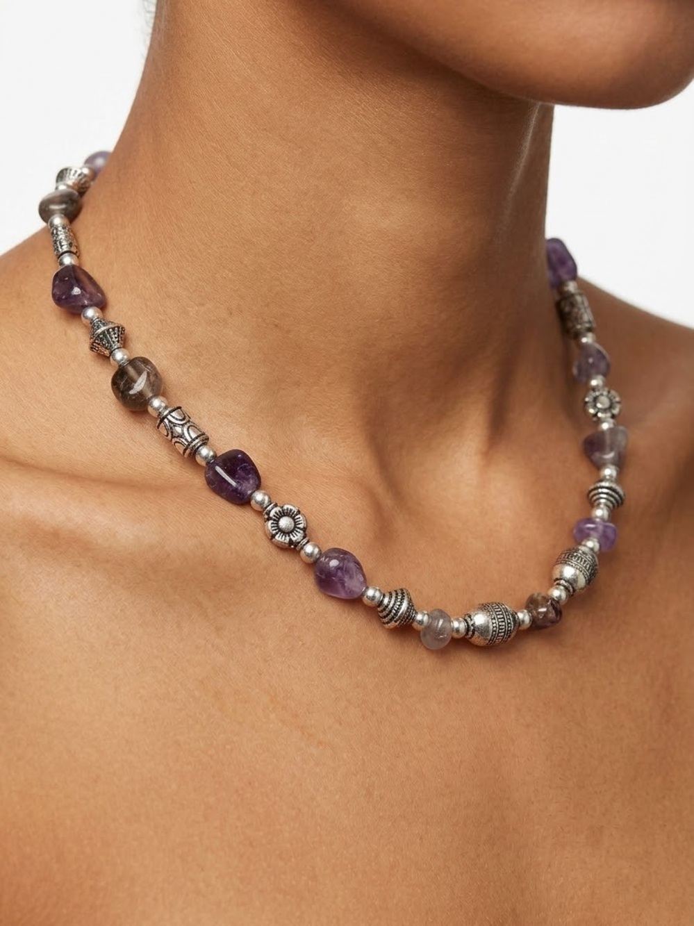 Amethyst Beaded Necklace with Silver Accents - Purple